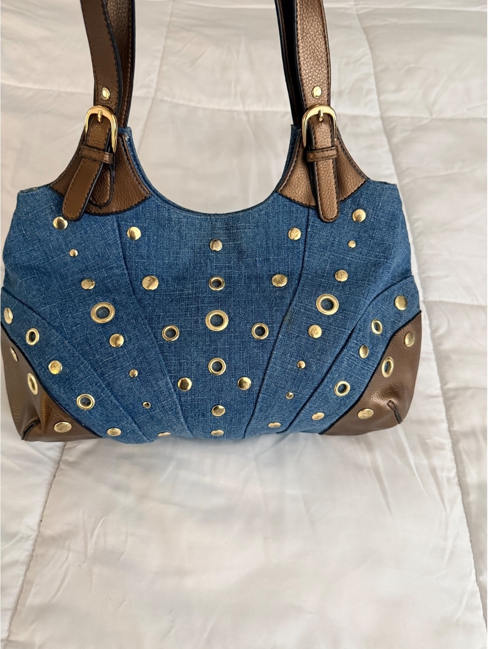 Denim and Brown Faux Leather Studded Shoulder Bag